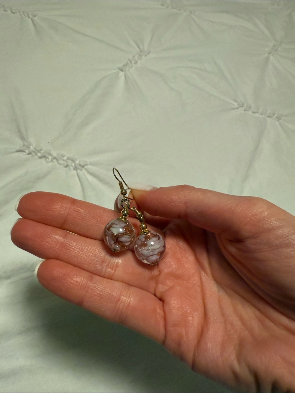 Handmade White and Gold Glass Bead Drop Earrings